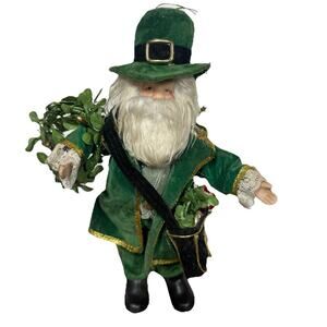 Irish Santa Leprechaun Porcelain Head Hands Feet Green Velvet Suit Coat Hat Bag
